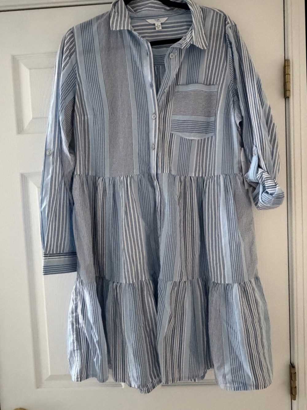 Time and Tru size 12-14 Striped Blue Tiered Shirt Dress - Light Blue